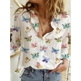 Butterfly Print Button Front Shirt, Casual Long Sleeve Shirt For Spring & Fall, Women's Clothing