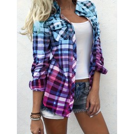 Colorful Plaid Print Shirt, Casual Long Sleeve Button Front Shirt With A Collar, Women's Clothing