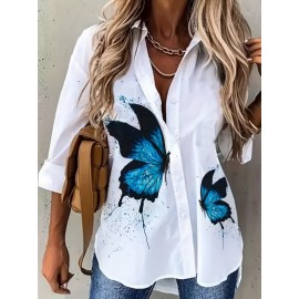 Butterfly Print Polo Neck Shirt, Casual Long Sleeve Blouse For Spring & Fall, Women's Clothing