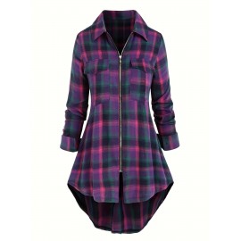 Plaid Print Zip Front Polo Collar Blouse, Casual Pocket Long Sleeve Blouse For Spring & Fall, Women's Clothing