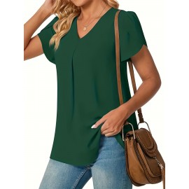 Solid V-neck Petal Sleeve Blouse, Versatile Simple Blouse For Spring & Summer, Women's Clothing