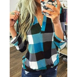 Casual Plaid Shirt, Long Sleeve V-neck Shirt,  Casual Every Day Tops, Women's Clothing