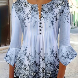 Floral Print Button Blouse, Casual Ruffle Trim Half Sleeve Blouse, Women's Clothing