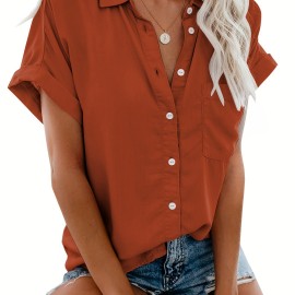 V Neck Collared Button Blouses, Casual Pocket Short Sleeve Fashion Loose Shirt, Women's Clothing