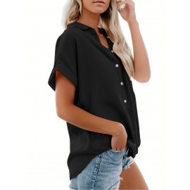 V Neck Collared Button Blouses, Casual Pocket Short Sleeve Fashion Loose Shirt, Women's Clothing