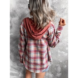 Hooded Plaid Print Blouse, Casual Button Front Drawstring Long Sleeve Blouse, Women's Clothing