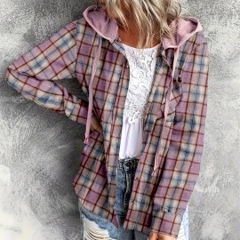 Hooded Plaid Print Blouse, Casual Button Front Drawstring Long Sleeve Blouse, Women's Clothing