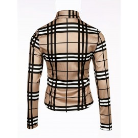 Gingham Long Sleeve Casual Business Shirts, Laid Pockets Coat Button Down Blouse, Elegant & Stylish Tops For Office & Work, Women's Clothing