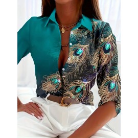 Peacock Feather Print Shirt, Long Sleeve Button Up Casual Top For Fall & Spring, Women's Clothing