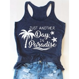 Coconut Tree & Letter Print Tank Top, Sleeveless Crew Neck Tank Top, Casual Every Day Tops, Women's Clothing