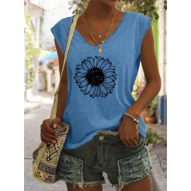 Sunflower Print V Neck Tank Top, Casual Sleeveless Tank Top For Summer, Women's Clothing