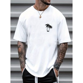 Sketch Style Palm Tree Pattern Top Casual Mid Stretch Short Sleeve Crew Neck Graphic T-shirt, Men's Tee For Summer Outdoor