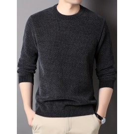 Men's Stylish Solid Knitted Pullover, Casual High Stretch Breathable Long Sleeve Crew Neck Top For City Walk Street Hanging Outdoor Activities