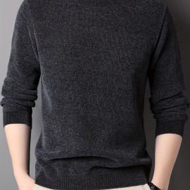 Men's Stylish Solid Knitted Pullover, Casual High Stretch Breathable Long Sleeve Crew Neck Top For City Walk Street Hanging Outdoor Activities