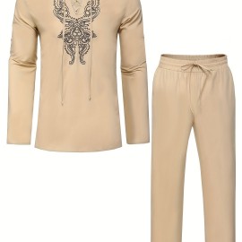 Cotton Boho Style Pattern Embroidery Men's 2 Pieces Outfits, Long Sleeve Lace Up Shirt And Drawstring Solid Trousers Set