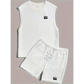 Men's 2 Piece Outfits,  Waffle Pattern , Casual Graphic Tanktop And Loose Drawstring Shorts Set, Men's Clothing