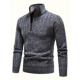 Turtle Neck With Zipper Knitted Texture Sweater, Men's Casual Warm Solid Color Mid Stretch Pullover Sweater For Fall Winter