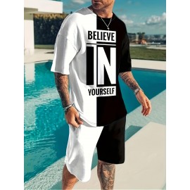 Believe In Yourself Print, Men's 2Pcs Outfits, Casual Crew Neck Short Sleeve T-shirt And Drawstring Shorts Set For Summer, Men's Clothing