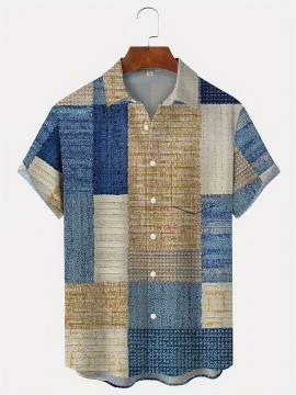 Retro Carpet Texture Geometric Pattern Men's Casual Short Sleeve Lapel Shirt, Summer Outdoor