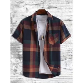 Men's Plaid Turndown Collar Short Sleeve Shirt, Trendy Comfy Shirt For Spring Summer Autumn