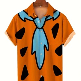 Retro Anime Print Men's Short Sleeve Pocket Lapel Shirt, Men's Trendy Button Up Tops For Summer Outdoor, Perfect Wear For Halloween