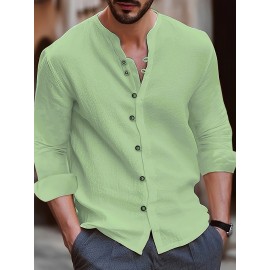 Casual Solid Men's Cotton & Linen V-neck Long Sleeve Shirt With Button, Spring Fall