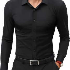 Basic Solid Men's Daily Stretch Formal Dress, Men's Slim Fit Long Sleeve Button Up Shirt, Spring Fall