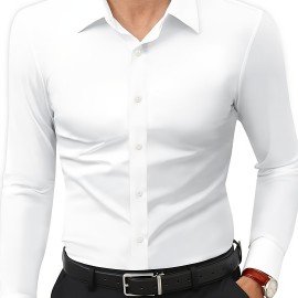 Basic Solid Men's Daily Stretch Formal Dress, Men's Slim Fit Long Sleeve Button Up Shirt, Spring Fall
