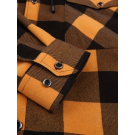 Plaid Pattern Men's Casual Thick Long Sleeve Hooded Shirt With Pockets, Men's Button Up Shirt For Fall Winter
