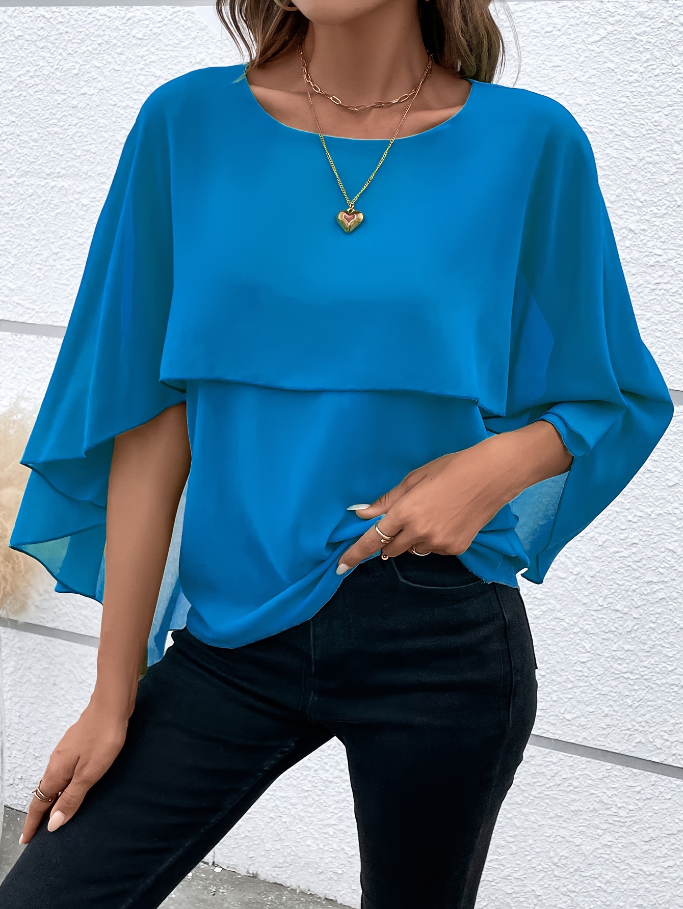 solid layered cloak sleeve blouse versatile crew neck blouse for spring fall womens clothing details 7