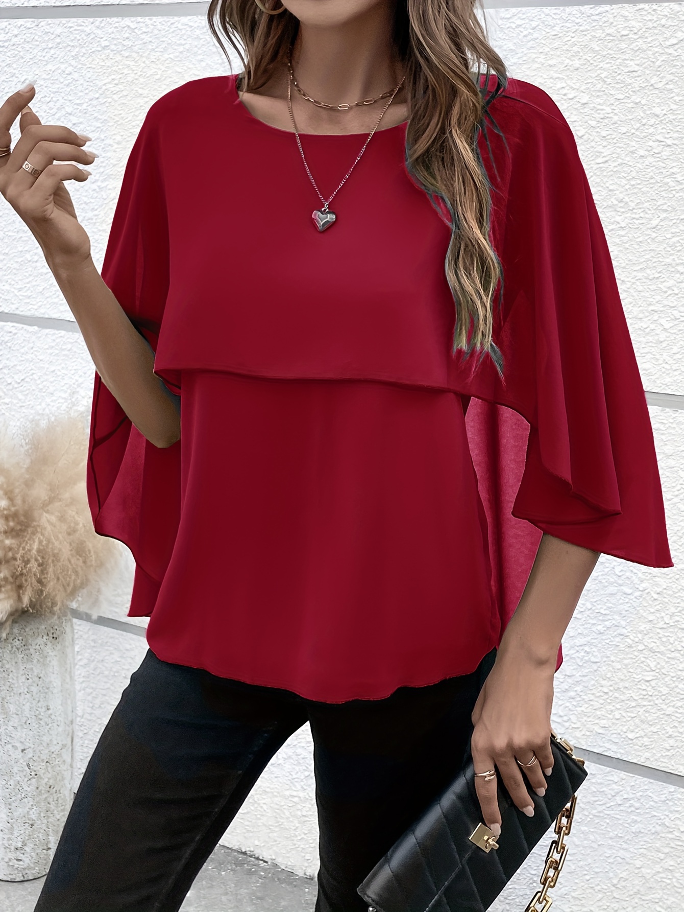 solid layered cloak sleeve blouse versatile crew neck blouse for spring fall womens clothing details 20