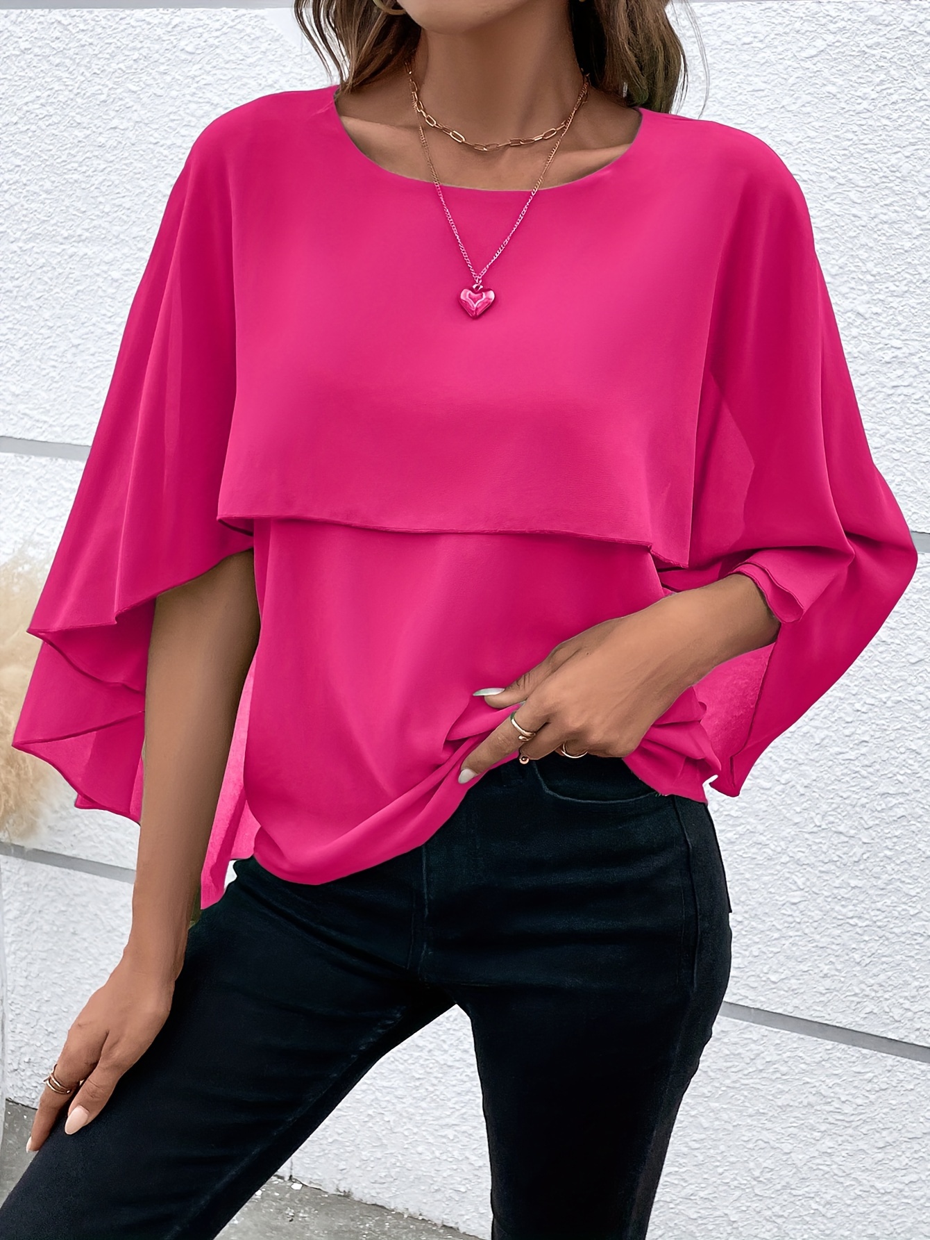 solid layered cloak sleeve blouse versatile crew neck blouse for spring fall womens clothing details 34