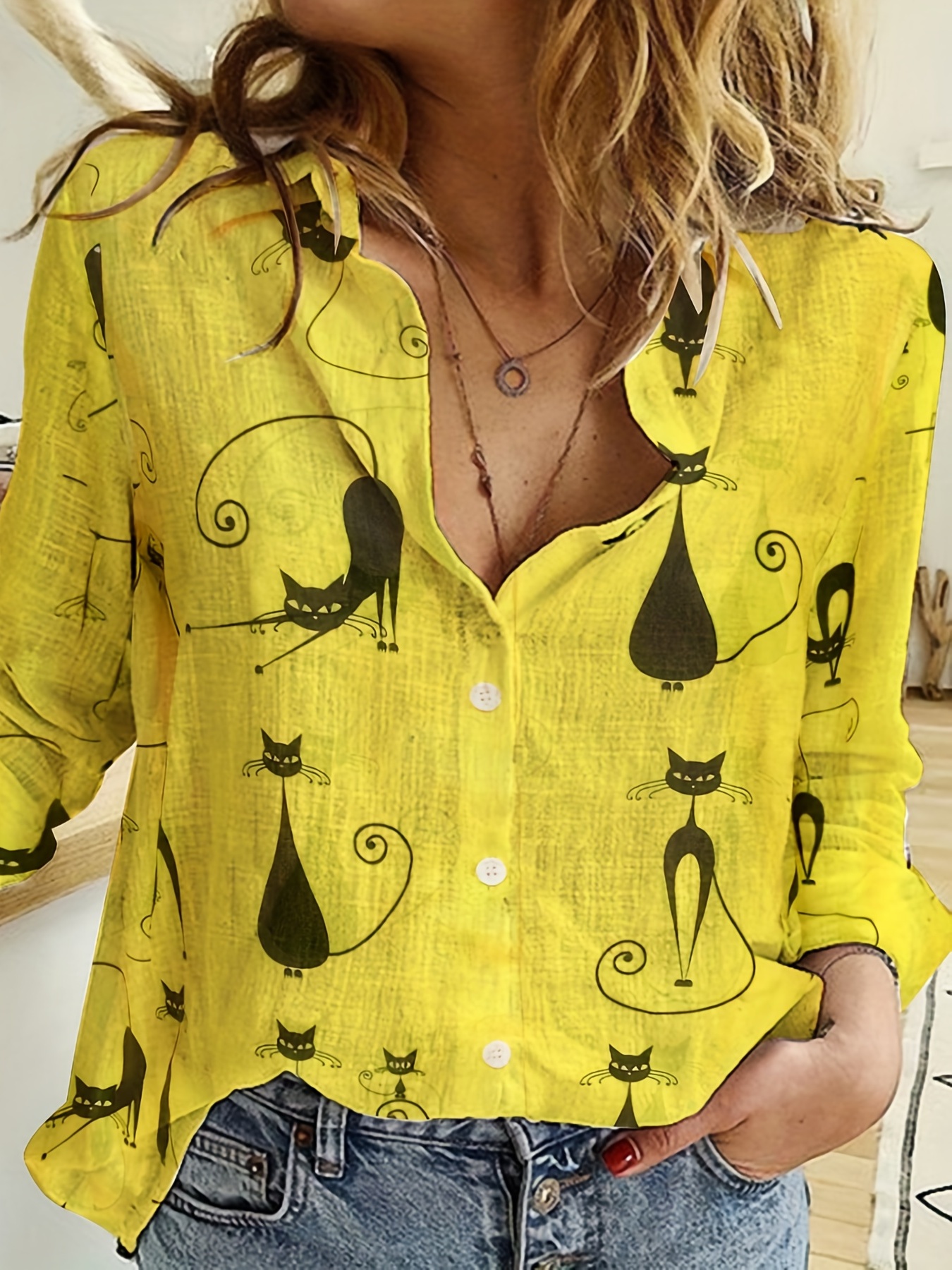 butterfly print button front shirt casual long sleeve shirt for spring fall womens clothing details 9