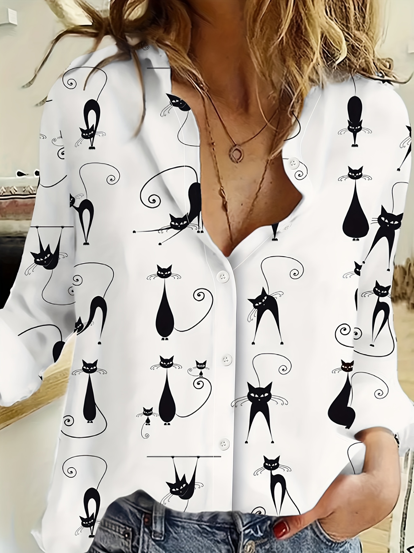 cute cat print button front shirt casual lapel long sleeve shirt womens clothing details 1