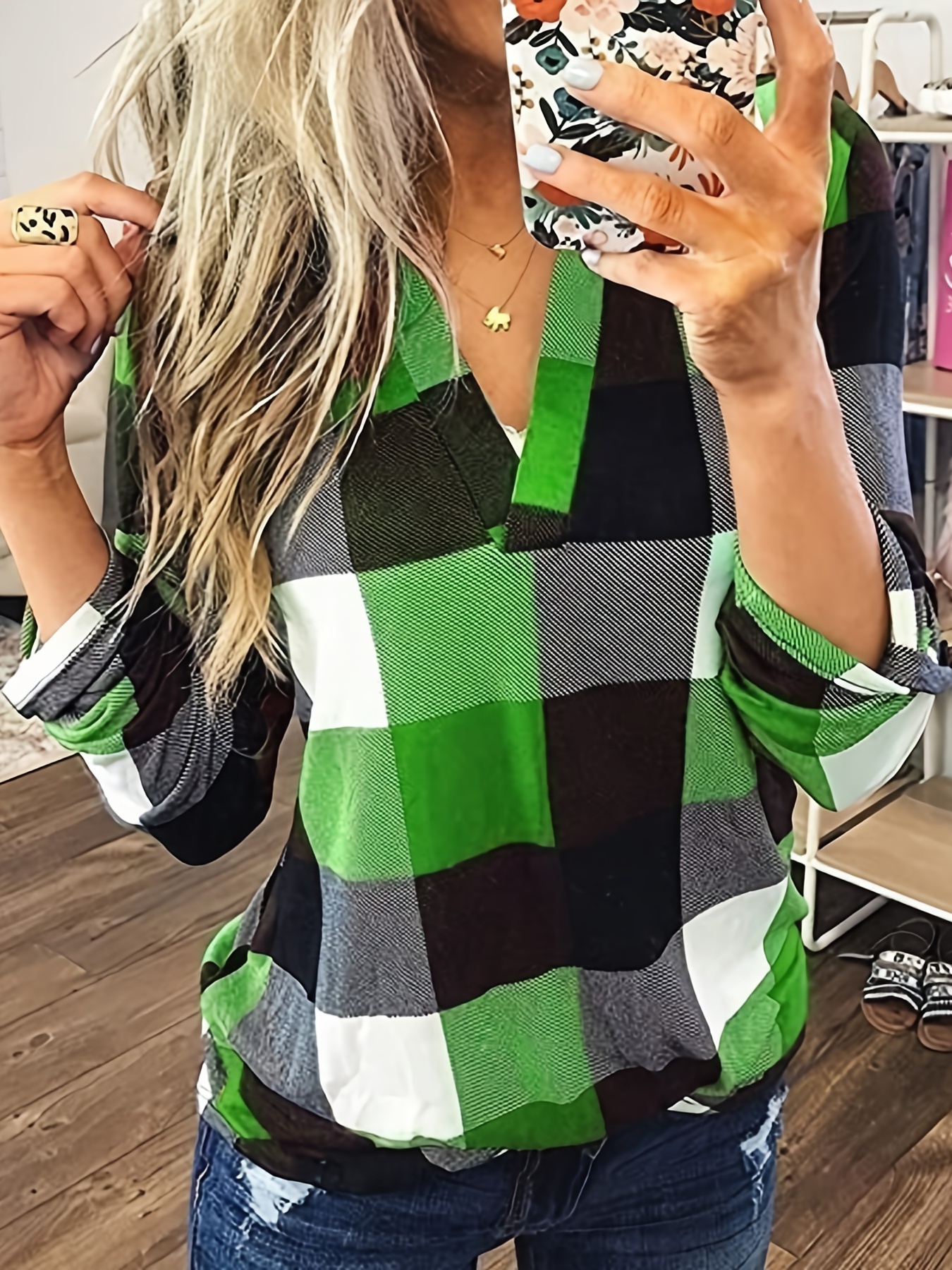 casual plaid shirt long sleeve v neck shirt casual every day tops womens clothing details 12