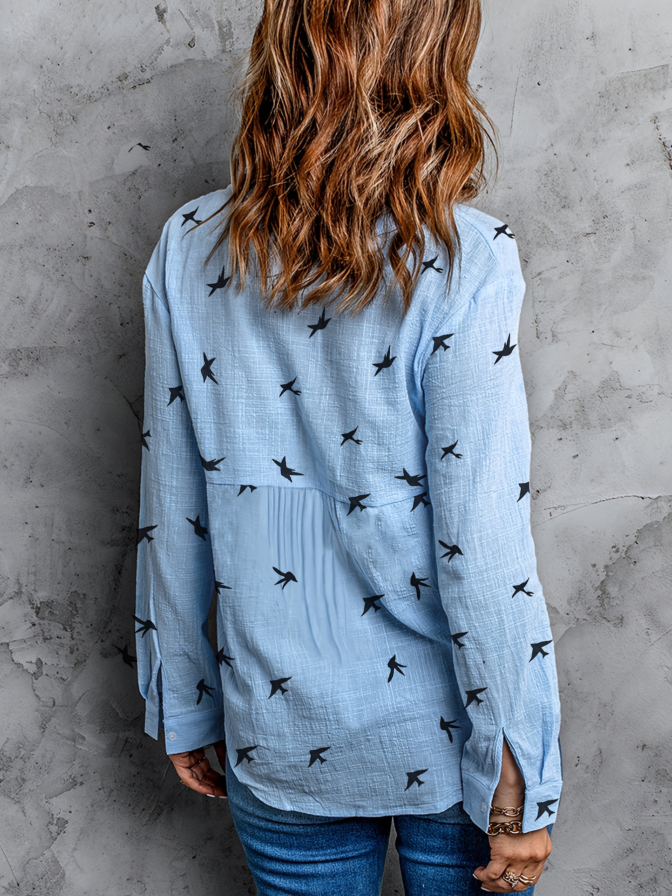 bird print button front shirt casual long sleeve shirt for spring fall womens clothing details 1