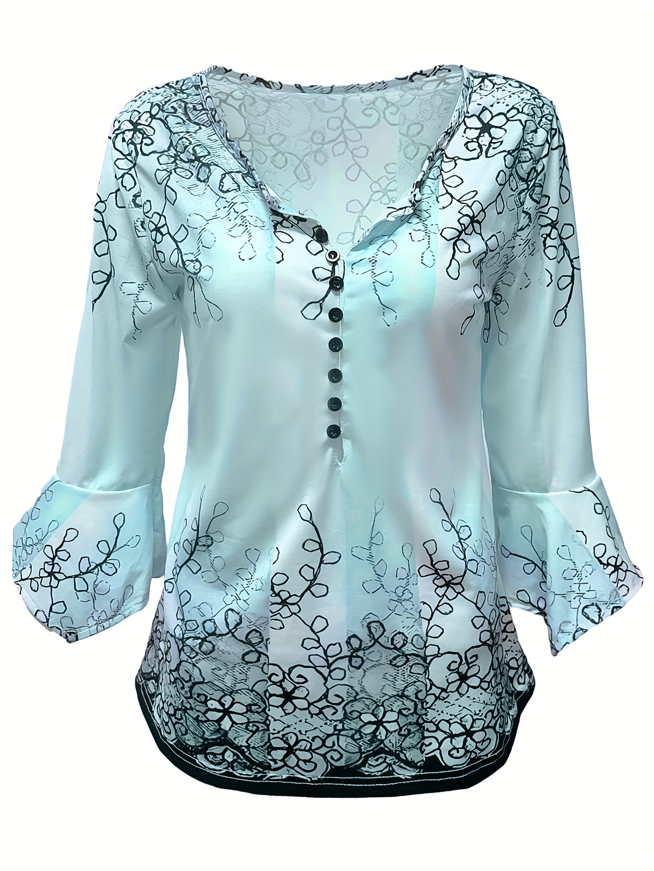 floral print button blouse casual ruffle trim half sleeve blouse womens clothing details 5