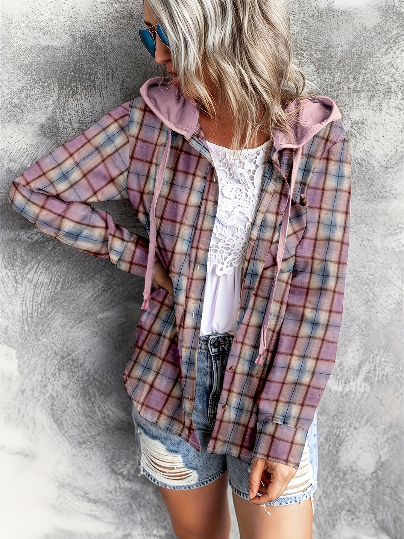 plaid print hooded shirt casual long sleeve drawstring shirt womens clothing details 6