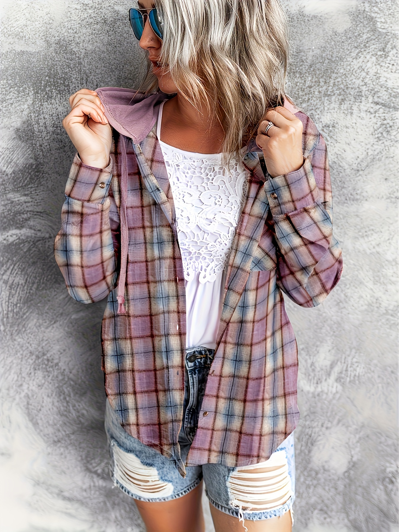 plaid print hooded shirt casual long sleeve drawstring shirt womens clothing details 8