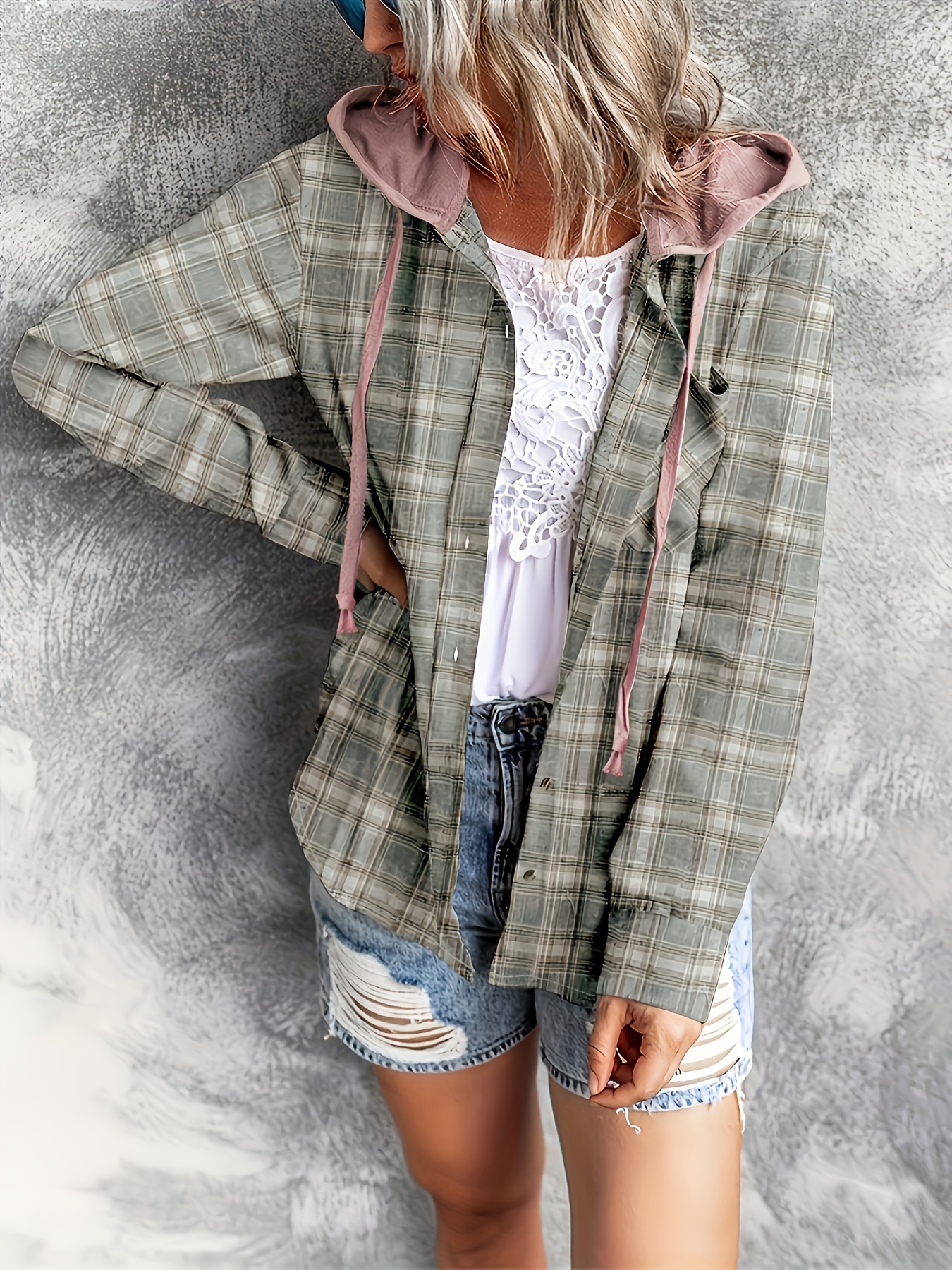 plaid print hooded shirt casual long sleeve drawstring shirt womens clothing details 11