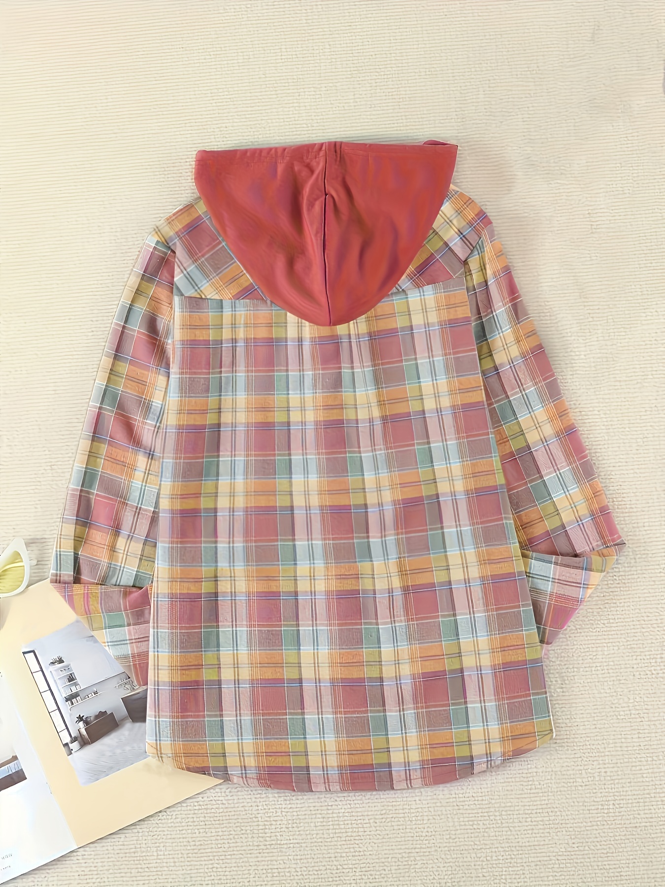 plaid print hooded shirt casual long sleeve drawstring shirt womens clothing details 15