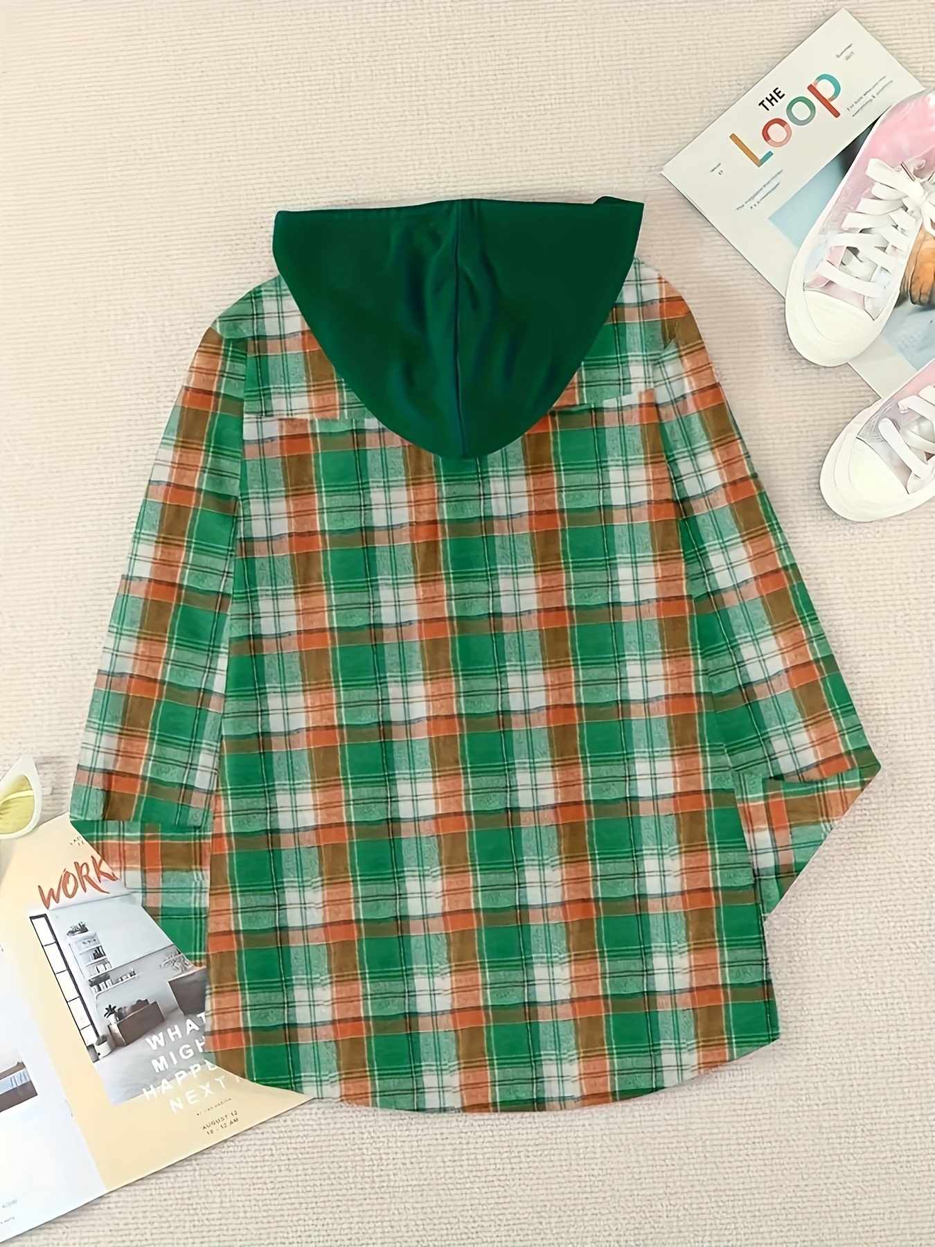 hooded plaid print blouse casual button front drawstring long sleeve blouse womens clothing details 6