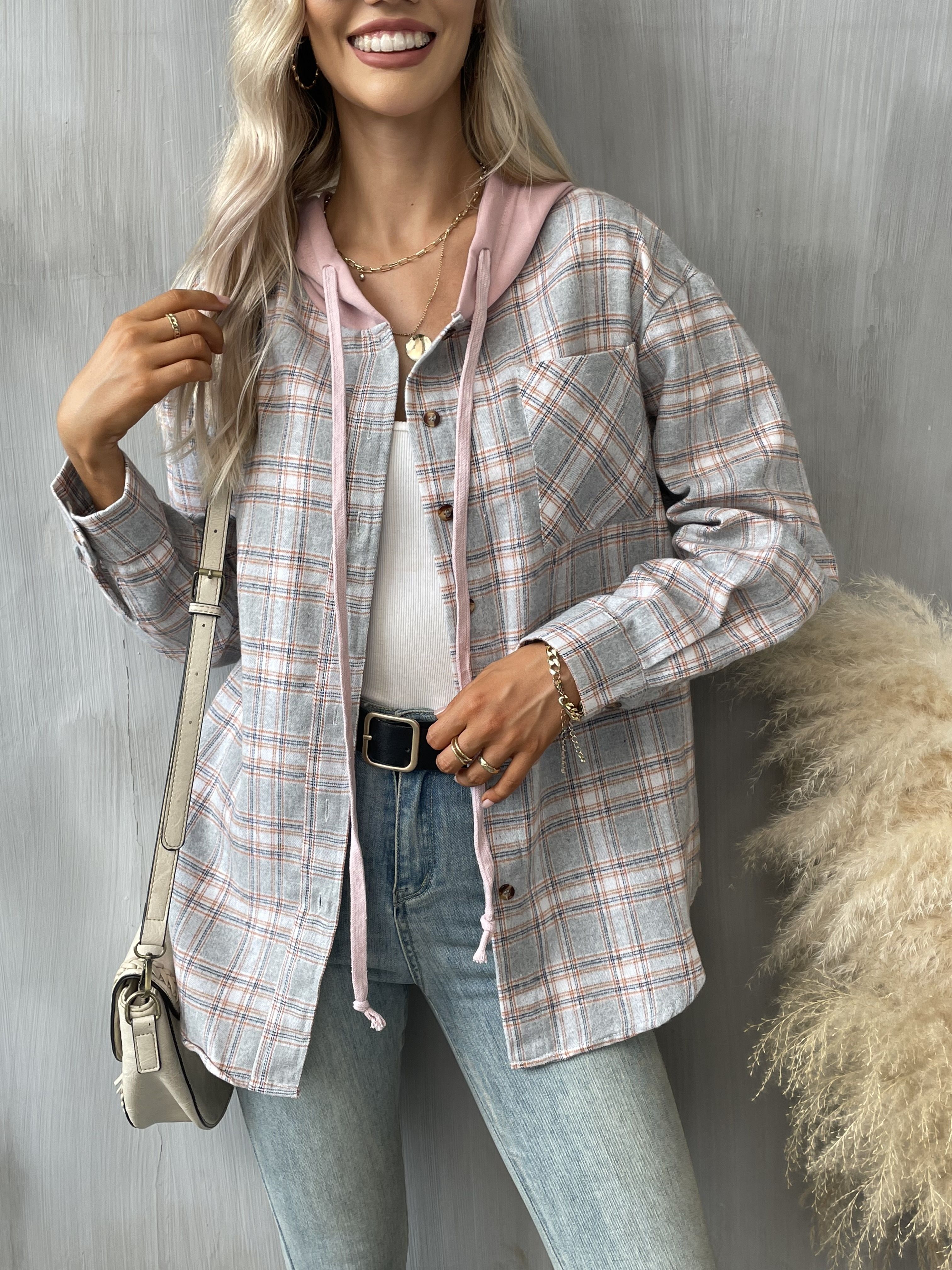 hooded plaid print blouse casual button front drawstring long sleeve blouse womens clothing details 11