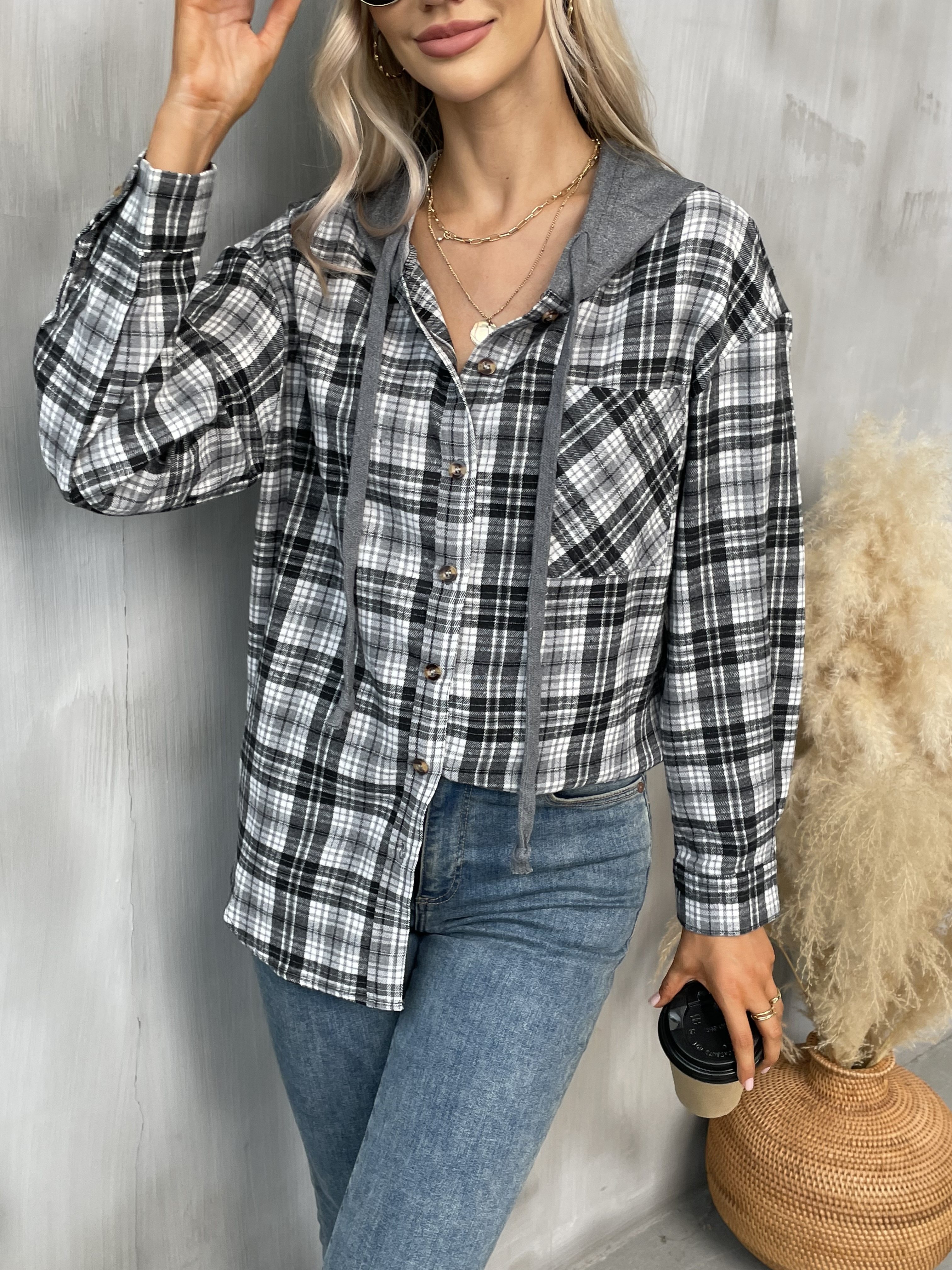 hooded plaid print blouse casual button front drawstring long sleeve blouse womens clothing details 26