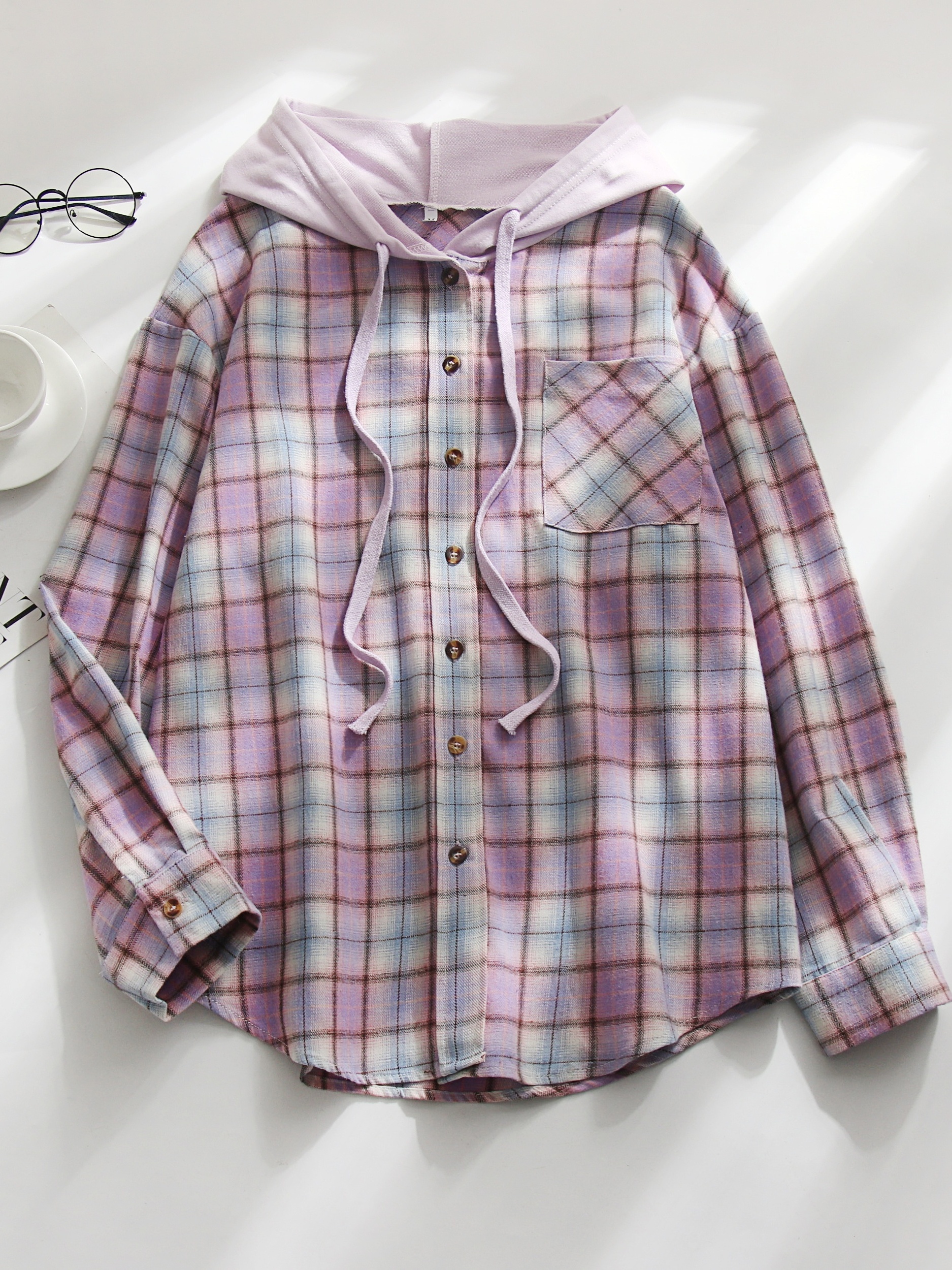 hooded plaid print blouse casual button front drawstring long sleeve blouse womens clothing details 29