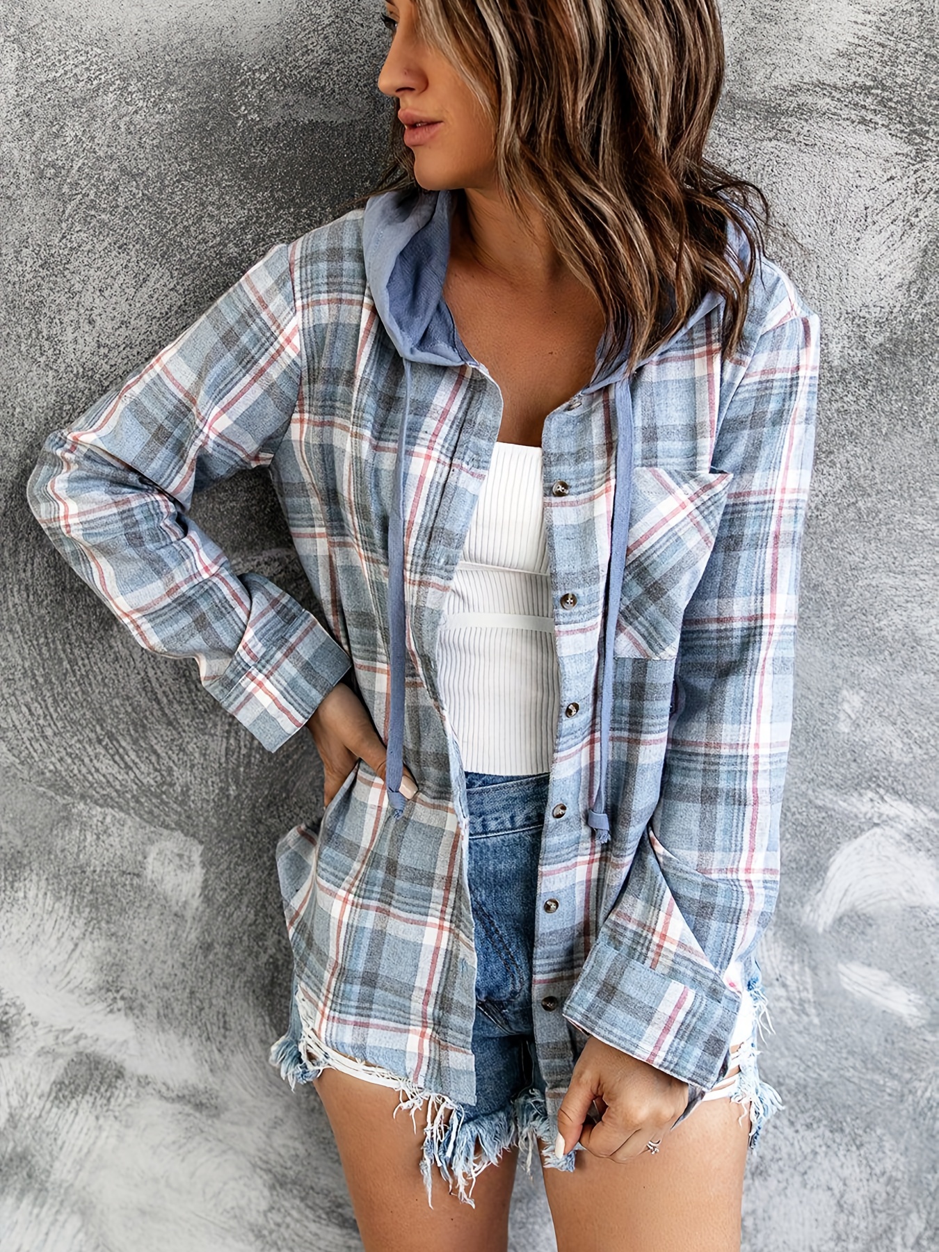 hooded plaid print blouse casual button front drawstring long sleeve blouse womens clothing details 32