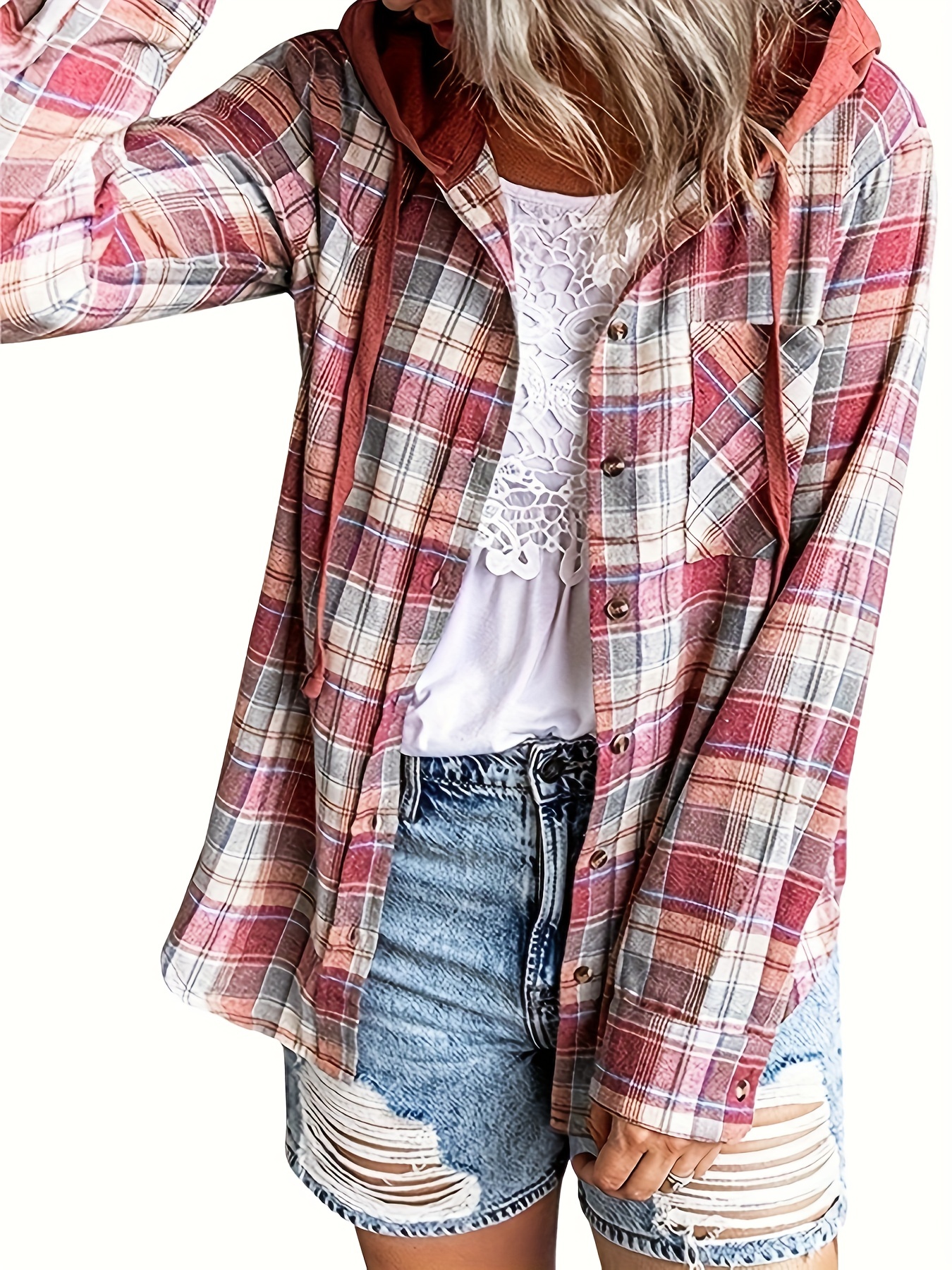 hooded plaid print blouse casual button front drawstring long sleeve blouse womens clothing details 40