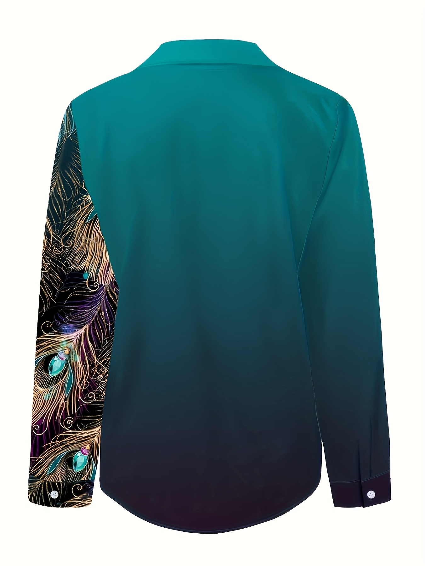 peacock feather print shirt, peacock feather print shirt long sleeve button up casual top for fall spring womens clothing details 9