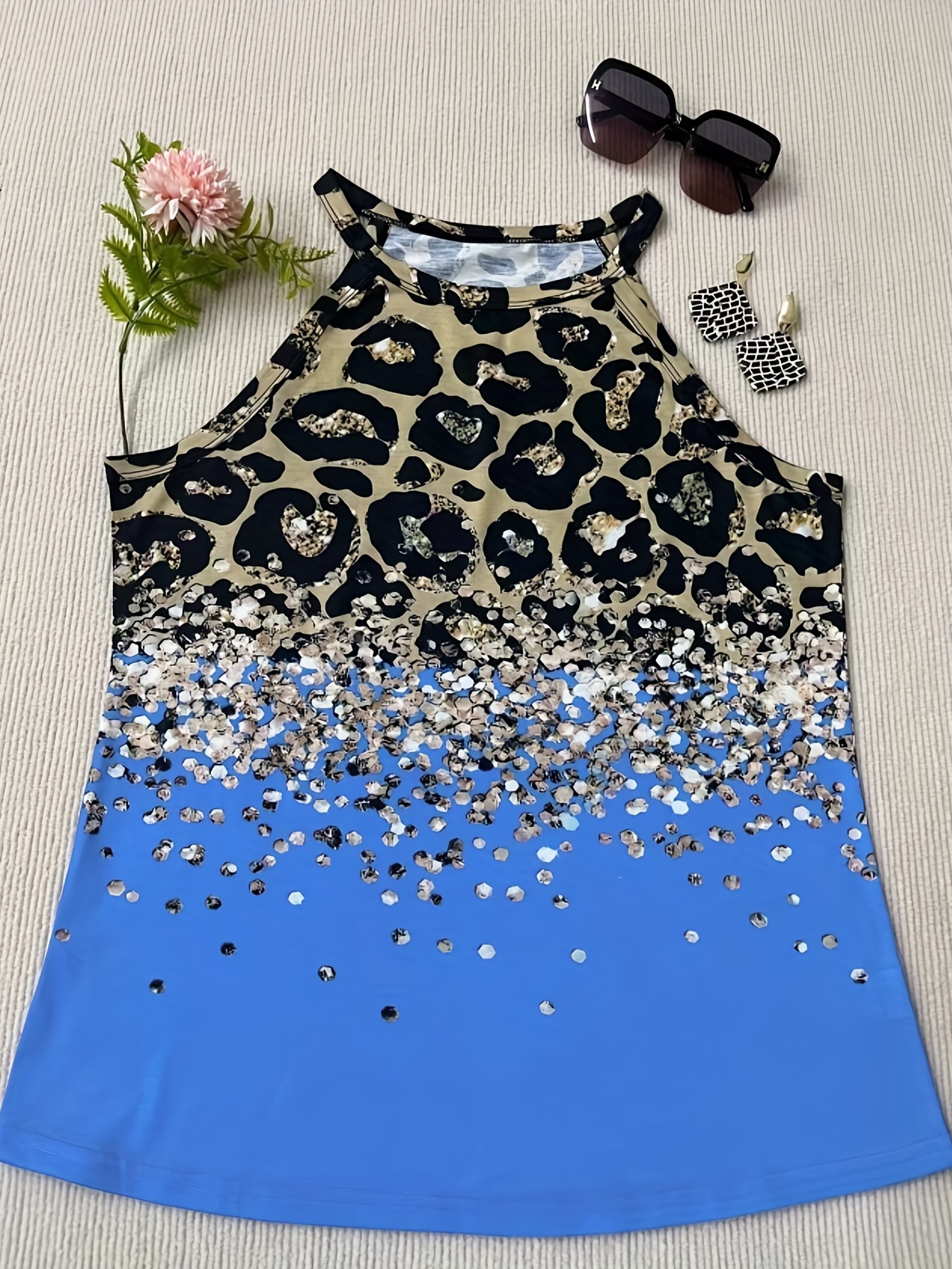 leopard print halter tank top casual sleeveless tank top for summer womens clothing details 16