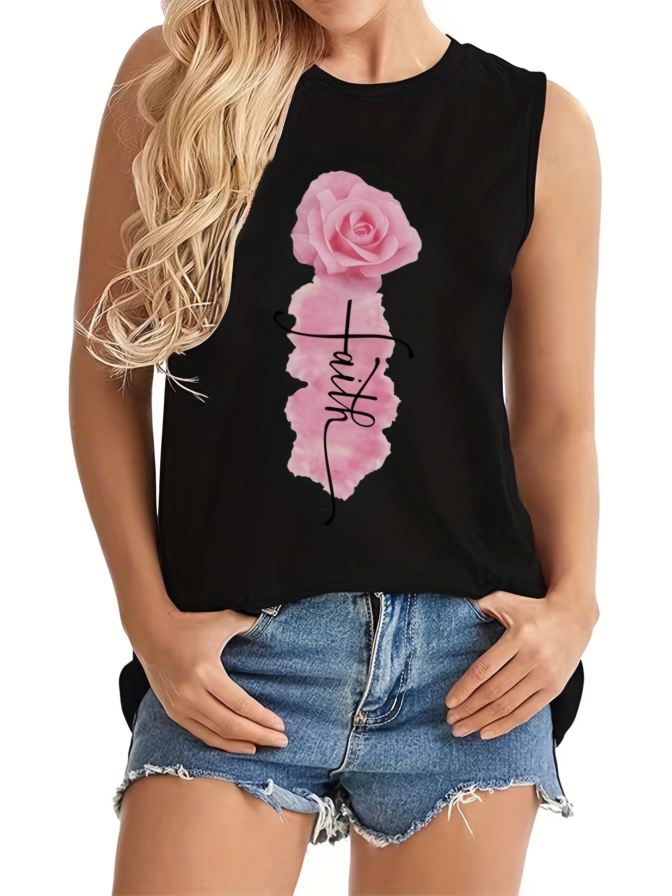 flower letter print tank top sleeveless crew neck tank top casual every day tops womens clothing details 0